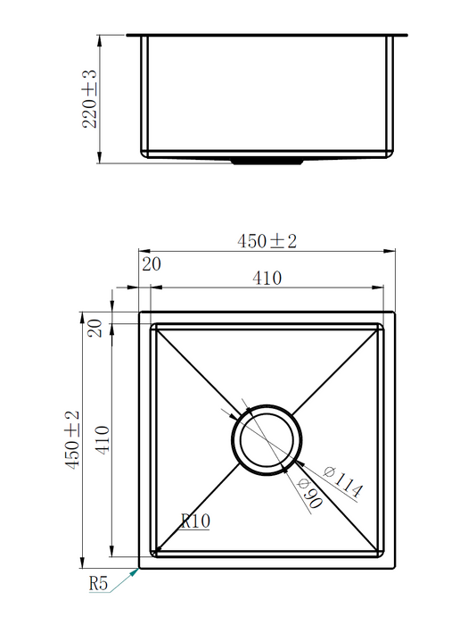 Zara 450x450x220 Satin Single Bowl Stainless Steel Sink