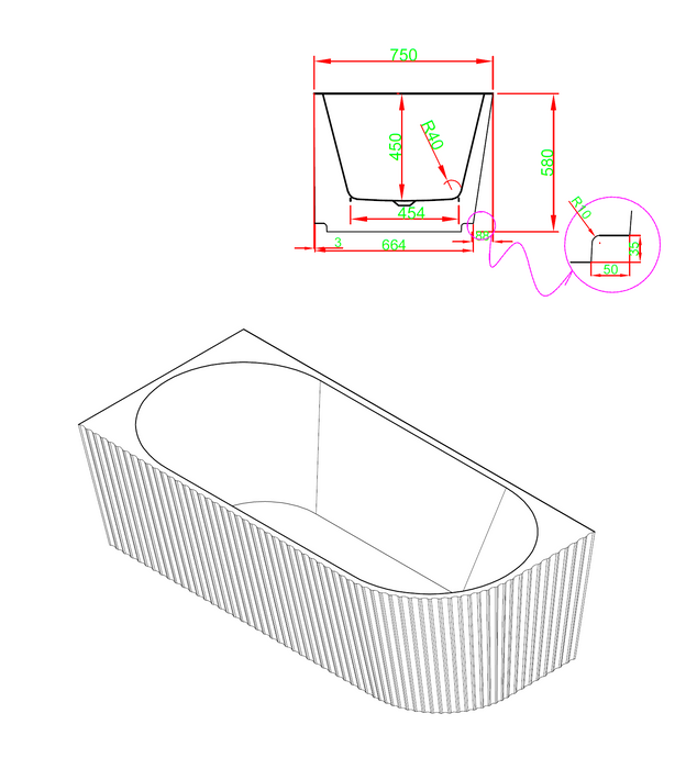 Sorrento Fluted Groove 1500mm Corner (Left) Gloss White Bathtub AC-1500L