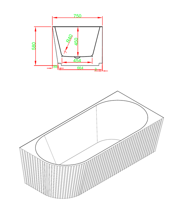 Sorrento Fluted Groove 1500mm Corner (Right) Gloss White Bathtub AC-1500R