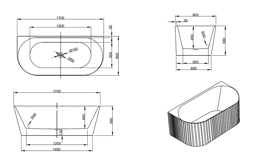Sorrento Fluted Groove 1700mm Back To Wall Gloss White Bathtub AM-1700