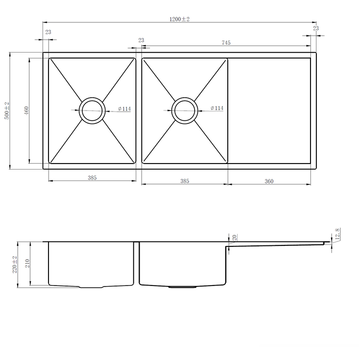 Arlo 1200x500x220 Chrome Satin Double Bowl with Drainer Stainless Steel Sink