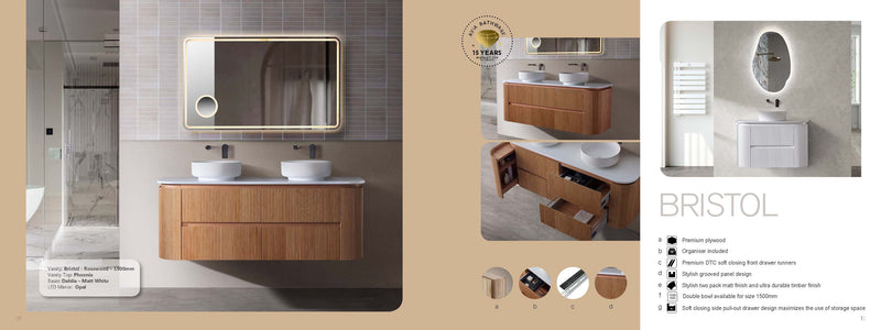 Bristol 1500mm DOUBLE Fluted Rosewood Curved Wall hung Vanity