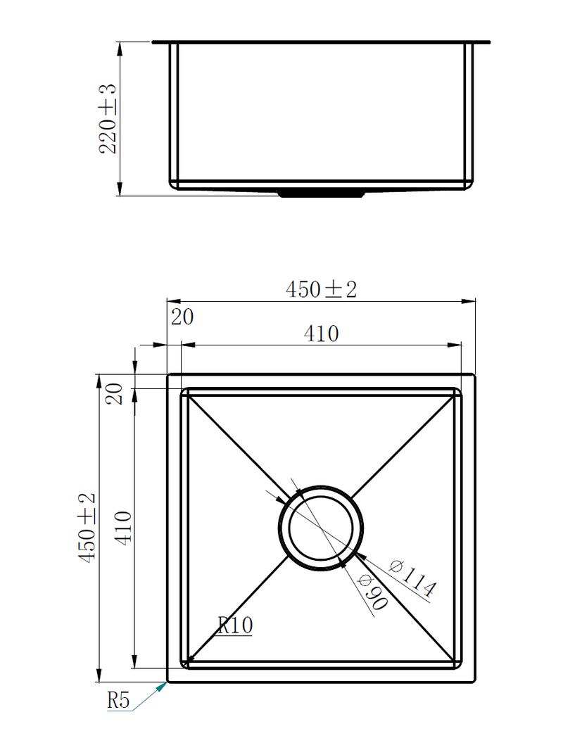 Zara 450x450x220 Brushed Copper Rose Gold Single Bowl Stainless Steel Sink