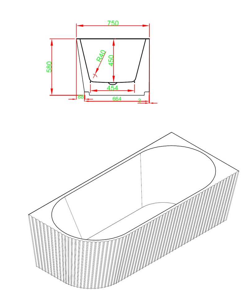 Sorrento Fluted Groove 1500mm Corner (Right) Gloss White Bathtub AC-1500R