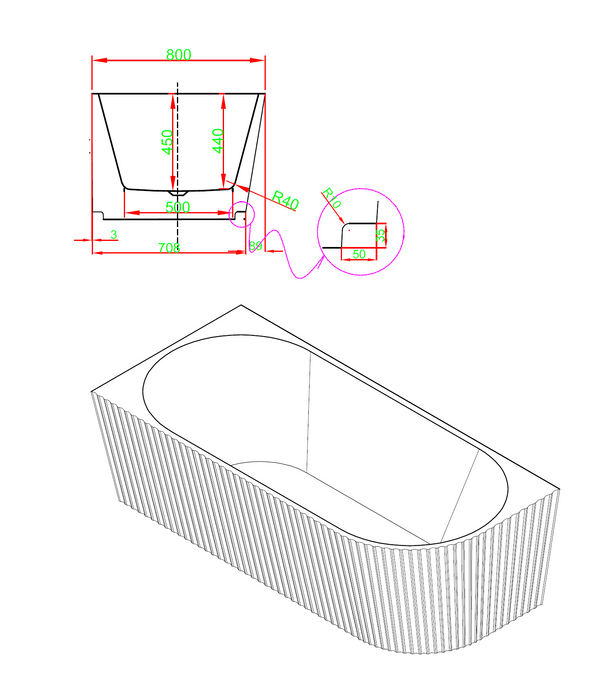 Sorrento Fluted Groove 1700mm Corner (Left) Gloss White Bathtub AC-1700L