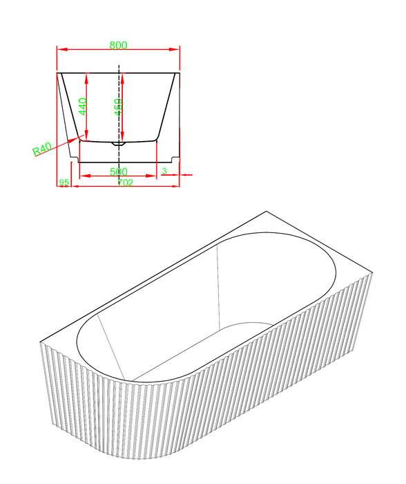 Sorrento Fluted Groove 1700mm Corner (Right) Gloss White Bathtub AC-1700R