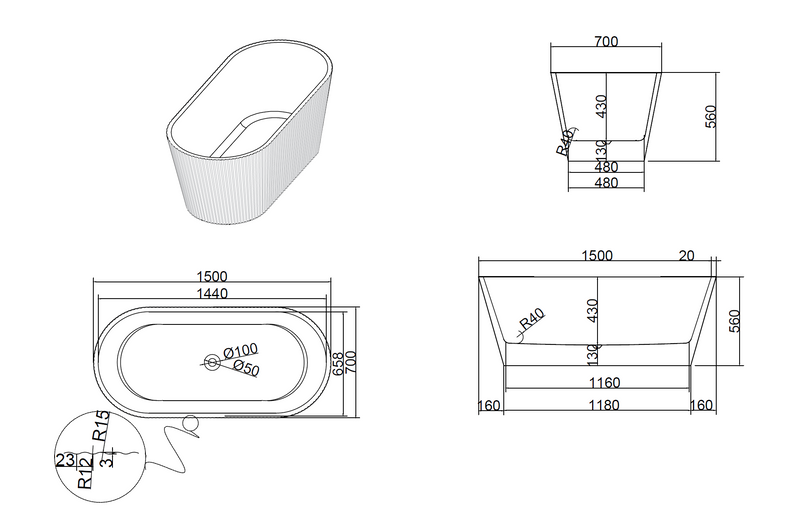 Sorrento Fluted Groove 1500mm Freestanding Gloss White Bathtub AF-1500