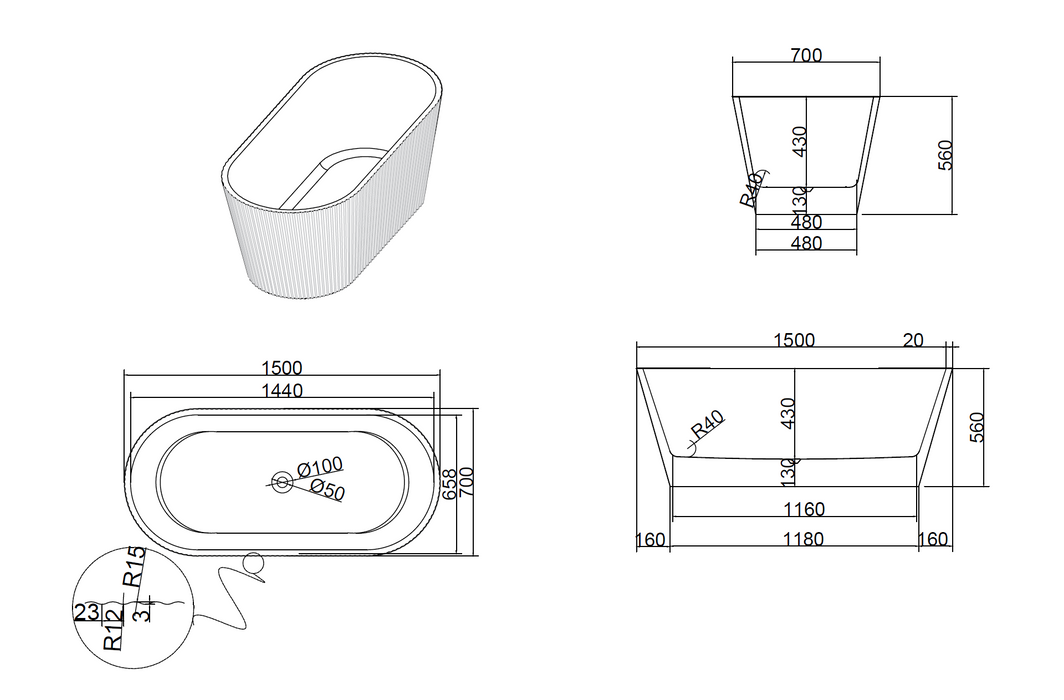 Sorrento Fluted Groove 1500mm Freestanding Gloss White Bathtub AF-1500