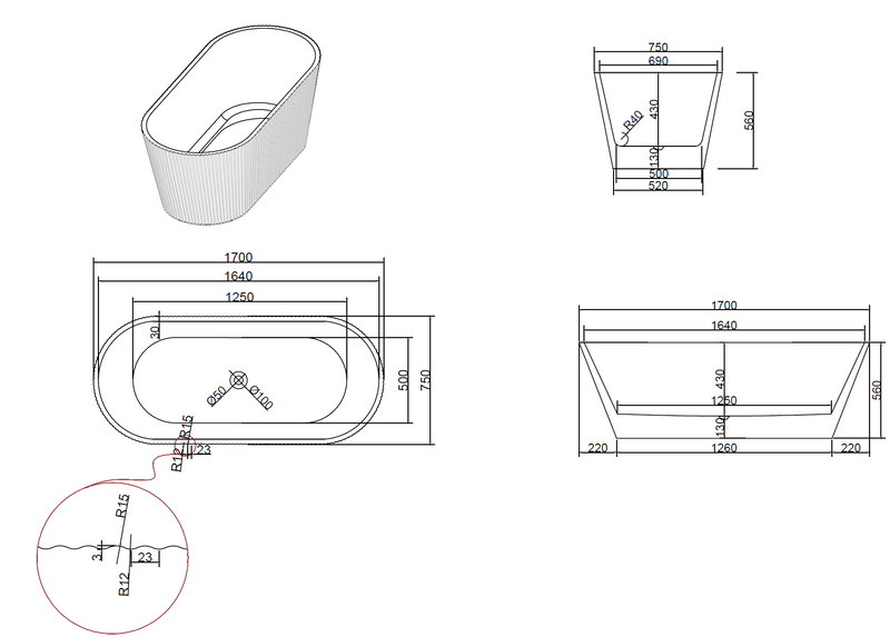 Sorrento Fluted Groove 1700mm Freestanding Gloss White Bathtub AF-1700