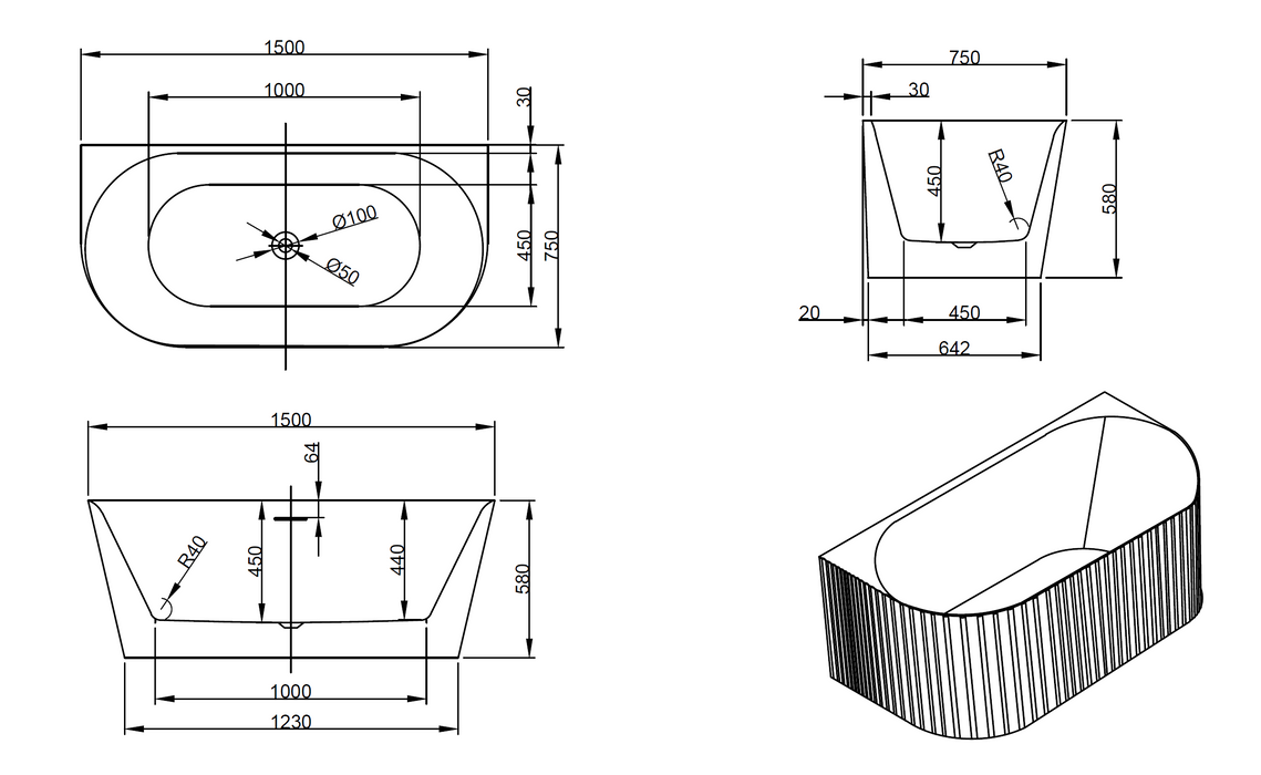 Sorrento Fluted Groove 1500mm Back To Wall Gloss White Bathtub AM-1500