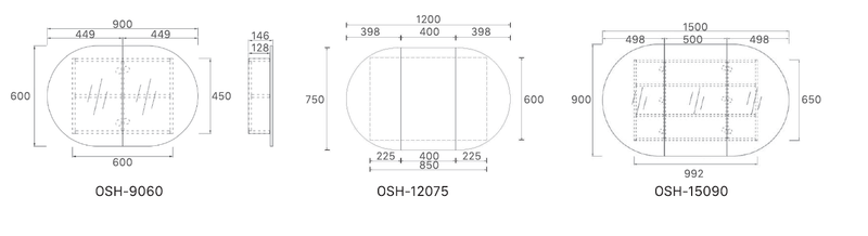 Amber 900/1200/1500mm Oval Matte White/Matt Black/Prime Oak(A1) Shaving Cabinet