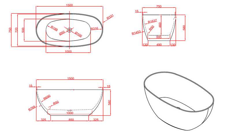 Bianca 1500mm Oval Freestanding Gloss White Bathtub BEF-1500