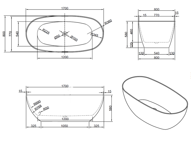Bianca 1700mm Oval Freestanding Matt White Bathtub BEF-1700-MW