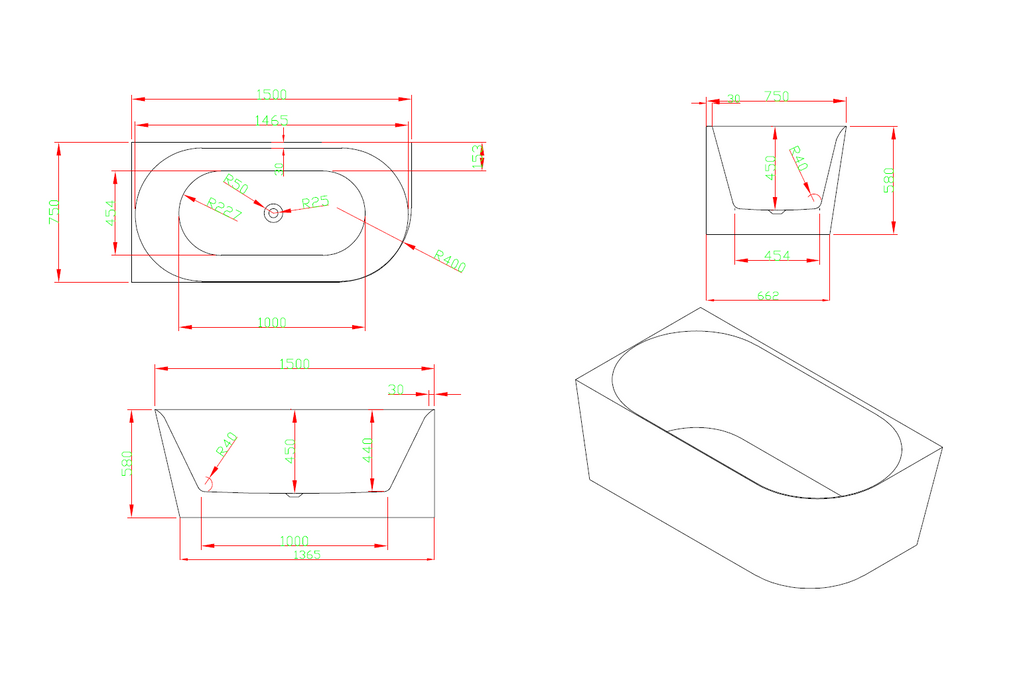 Ava 1500mm Corner (Left) Gloss White Bathtub BRC-1500L