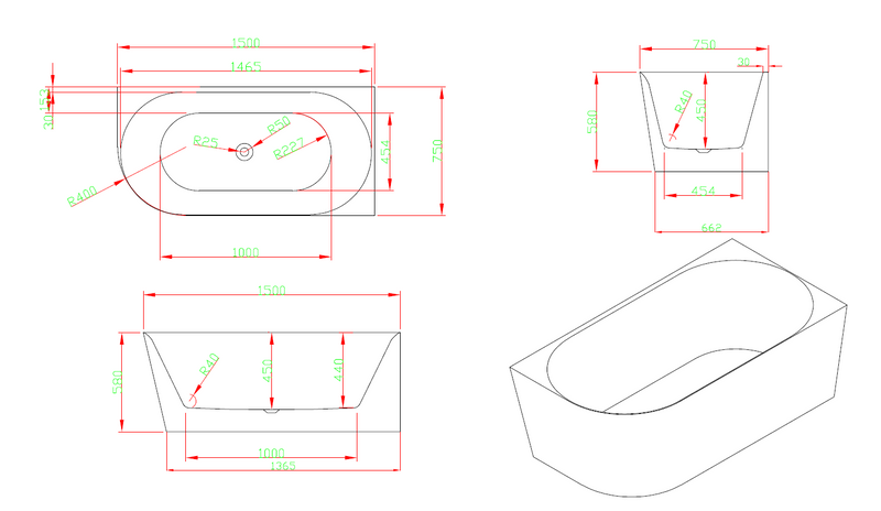 Ava 1500mm Corner (Right) Gloss White Bathtub BRC-1500R