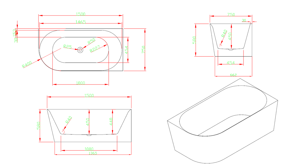 Ava 1500mm Corner (Right) Gloss White Bathtub BRC-1500R