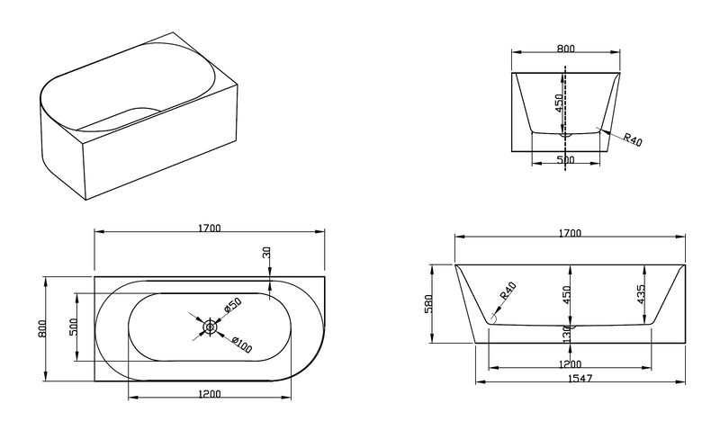 Ava 1700mm Corner (Left) Gloss White Bathtub BRC-1700L