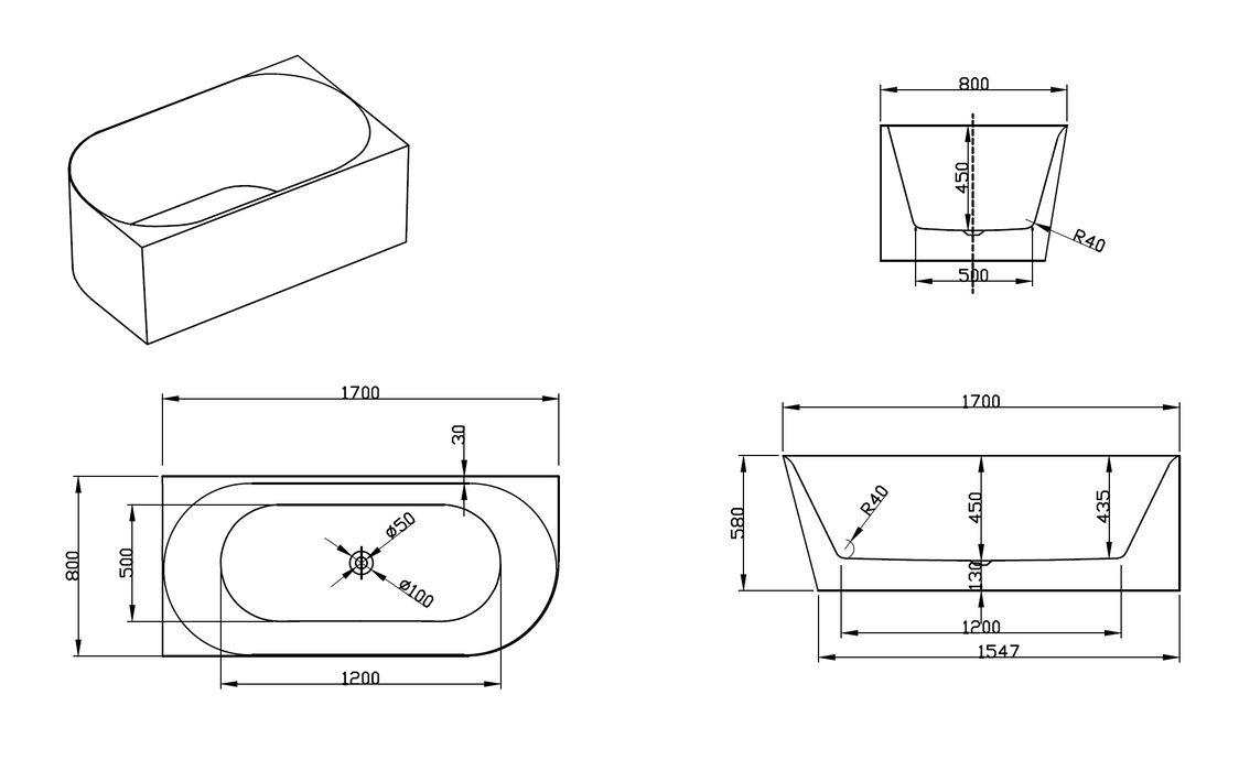 Ava 1700mm Corner (Left) Gloss White Bathtub BRC-1700L