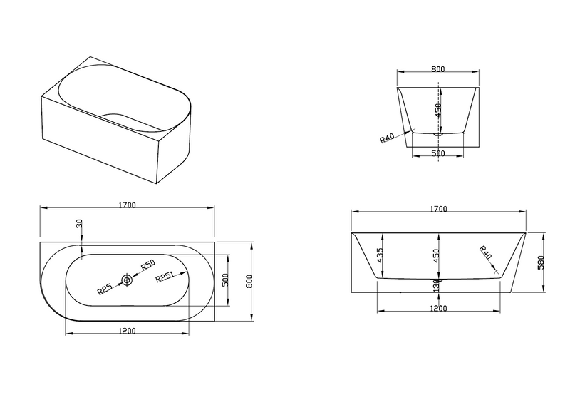 Ava 1700mm Corner (Right) Gloss White Bathtub BRC-1700R