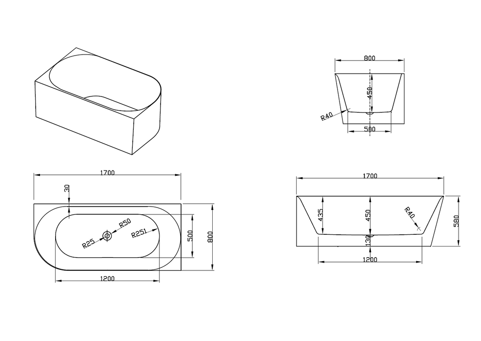 Ava 1700mm Corner (Right) Gloss White Bathtub BRC-1700R