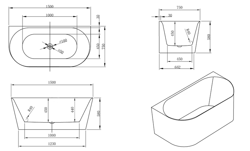 Technical drawing of a freestanding bathtub with dimensions