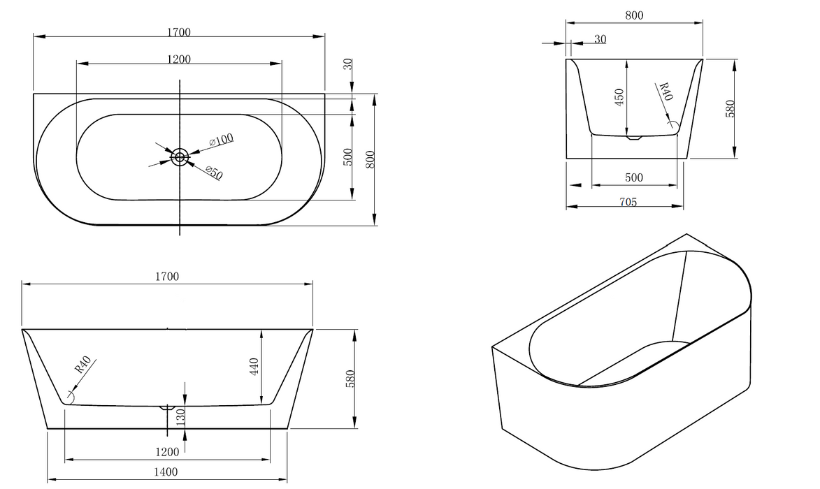 Ava 1700mm Back To Wall Gloss White Bathtub BRM-1700