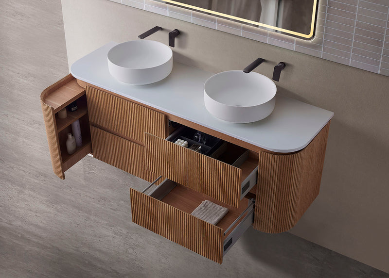 Bristol 1500mm DOUBLE Fluted Rosewood Curved Wall hung Vanity