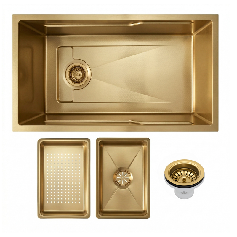 Mia 800x450x230 Embossed Brushed Brass Gold Single Bowl Stainless Steel Sink