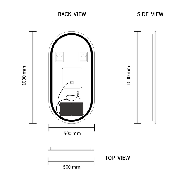 LED Mirror 500x1000 Pill Shape Oval Frameless Touch Backlit LED Mirror MR2-50100