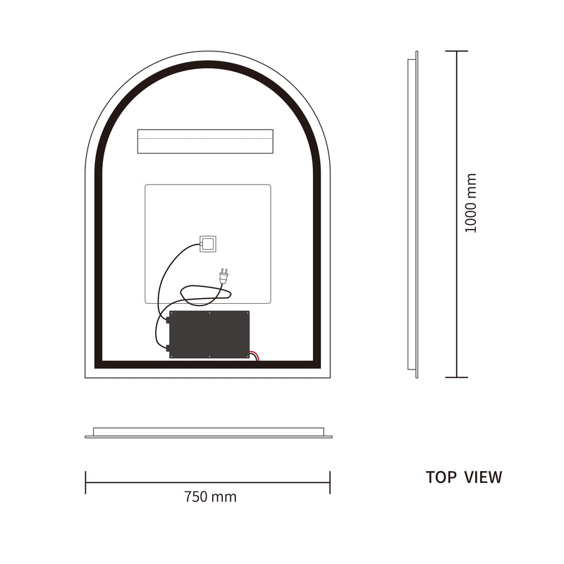 Touch LED Mirror 750x1000 Arched Frameless Backlit LED Mirror MR3-75100