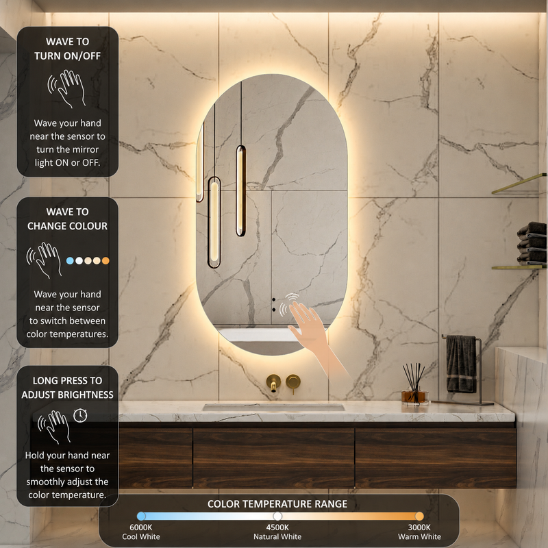 Touchless LED Mirror 600x900 Oval Pill Shape Frameless Backlit LED Mirror TLMR2-6090
