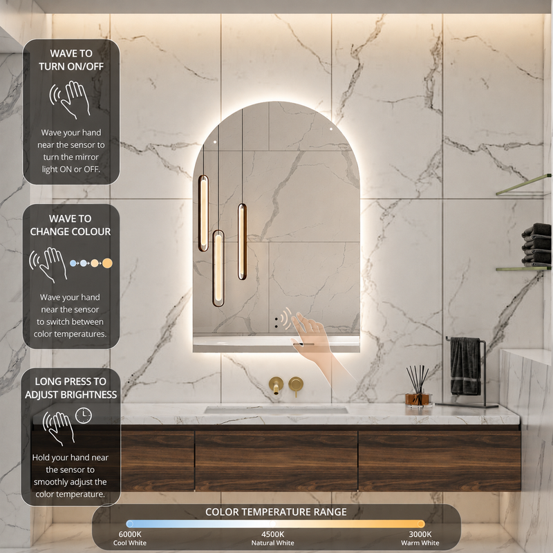 Touchless LED Mirror 600x900 Arched Frameless Backlit LED Mirror TLMR3-6090