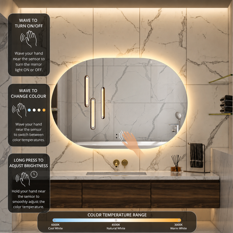 Touchless LED Mirror 1200x800 Oval Frameless Backlit LED Mirror TLMR6-12080